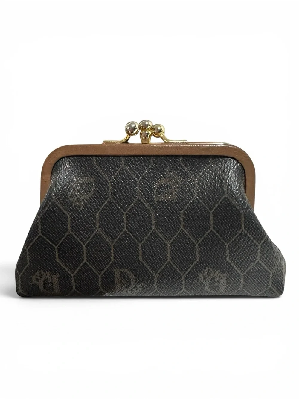 Dior Honeycomb Vintage Black & Tan Leather Kisslock Card & Coin Case